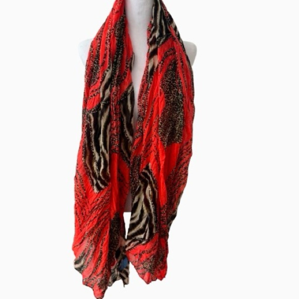 Vibrant Black and Orange Scarf with Animal Print